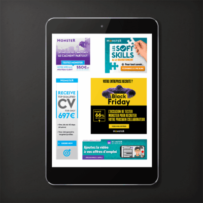 Bannières publicitaires réalisées à destination de la cible B2B/e commerce d'un job board<i>(gif animé - multi formats, multi langues - 2017, 2018, 2019)</i> Bannières Monster