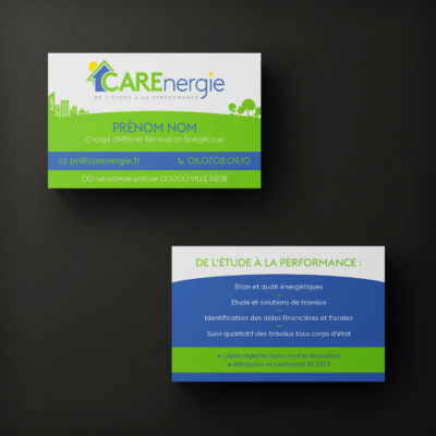 Carte de visite réalisée pour un chargé d'affaires en rénovation énergétique <i>(8,5x5,4cm - 350g - vernis 3D + soft touch)</i> Carte Carenergie
