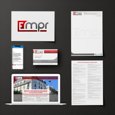 Exemples de différents supports réalisés pour une entre prise de BTP<i>(logo, site, carte de visite, signature mail, papier entête)</i> Identité EMPR