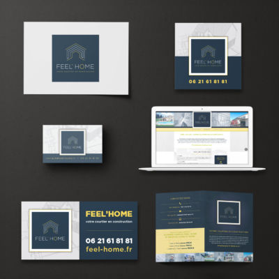 Exemples de différents supports réalisés pour un courtier en immobilier<i>(logo, affichages, carte de visite, site, plaquette)</i> Identité Feel'Home