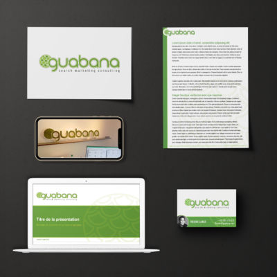Exemples de différents supports réalisés pour un spécialiste en référencement<i>(logo, carte de visite, template powerpoint, papier entête, enseigne végétale )</i> Identité Guabana