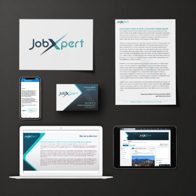 Exemples de différents supports réalisés pour un cabinet RH<i>(logo, site, carte de visite, template powerpoint, visuels RS, papier entête, signature mail )</i> Identité JobXpert