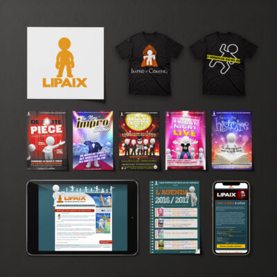 Exemples de différents supports réalisés pour la ligue d'improvisation d'Aix-en-Provence<i>(logo, site, emailing, affiches, flyer, t-shirts )</i> Identité Lipaix