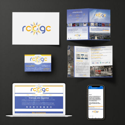 Exemples de différents supports réalisés pour un chauffagiste<i>(logo, site, signature mail, brochure, carte de visite )</i> Identité RCGC