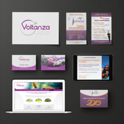 Exemples de différents supports réalisés pour une coach en entreprise <i>(logo, carte de visite, site, flyer, carte de vœux, template powerpoint )</i> Identité Voltanza