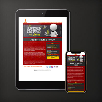 Invitation réalisée pour la promotion des spectacles de la ligue d'improvisation d'Aix-en-Provence<i>(HTML, responsive - 2021)</i> Emailing Lipaix
