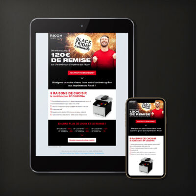 Emailing promotionnel pour le Black Friday chez Ricoh France<i>(HTML, responsive - 2018)</i> Emailing Ricoh