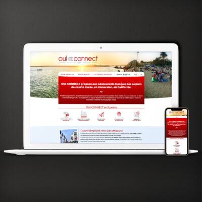 Site vitrine pour présenter une entreprise franco-américaine de courts séjours pour ados en Californie <i>(Wordpress, thème original, 12 pages, en 3 langues - maj en 2023 | <a href="https://oui-connect-international.com/" target="_blank" rel="noopener">Voir le site</a>)</i> Site Oui Connect