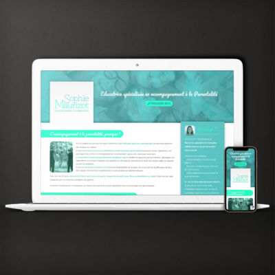 Site vitrine pour présenter l'activité d'une accompagnatrice à la parentalité <i>(Wordpress, thème original, 1 page - 2021 | <a href="https://www.sophiemaurizot.fr/" target="_blank" rel="noopener">Voir le site</a>)</i> Site Sophie M.